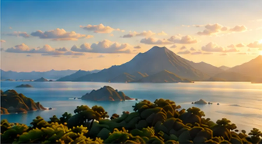Indonesian coastline with a volcanic mountain at golden hour
